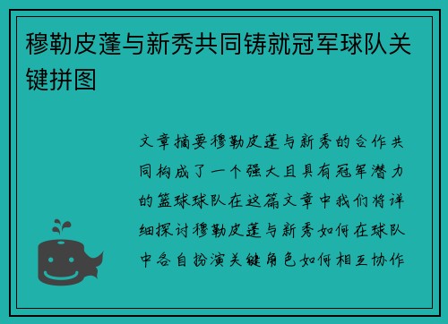 穆勒皮蓬与新秀共同铸就冠军球队关键拼图 穆勒皮蓬与新秀共同铸就冠军球队关键拼图