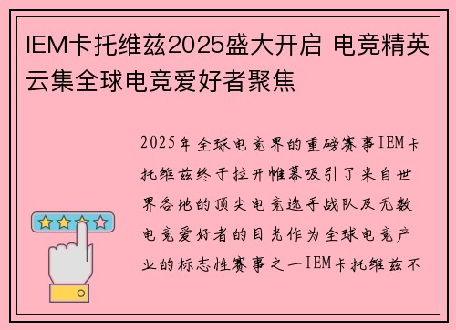 IEM卡托维兹2025盛大开启 电竞精英云集全球电竞爱好者聚焦