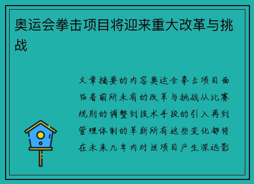 奥运会拳击项目将迎来重大改革与挑战 奥运会拳击项目将迎来重大改革与挑战